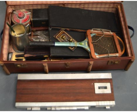 A WOODEN BOUND RECTANGULAR TRUNK containing various flatware, a Dunlop tennis racket etc. (qty)