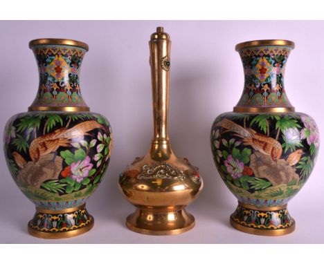 A PAIR OF MID 20TH CENTURY CHINESE CLOISONNE ENAMEL VASES together with a Chinese brass vase converted to a lamp. 12.75ins &a