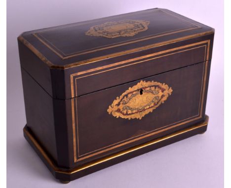 A 19TH CENTURY FRENCH ROSEWOOD BOULLE INLAID RECTANGULAR TEA CADDY with inlaid acanthus and floral shaped motifs. 9.25ins wid