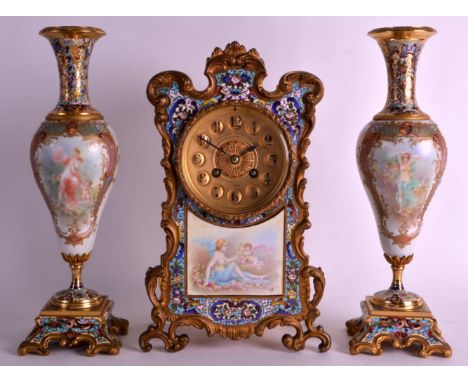 A FINE 19TH CENTURY FRENCH CHAMPLEVE ENAMEL AND PORCELAIN CLOCK GARNITURE the mantel delicately painted with a classical scen