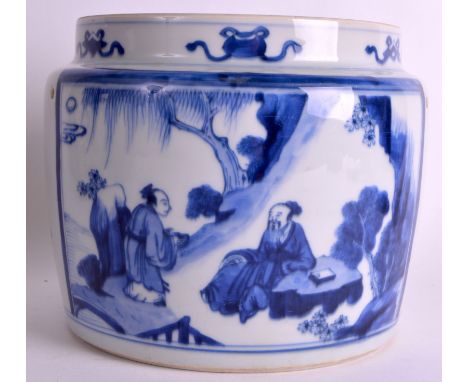A GOOD 17TH CENTURY CHINESE KANGXI BLUE AND WHITE CIRCULAR POTICHE C1680 finely painted with two scholars within a landscapes