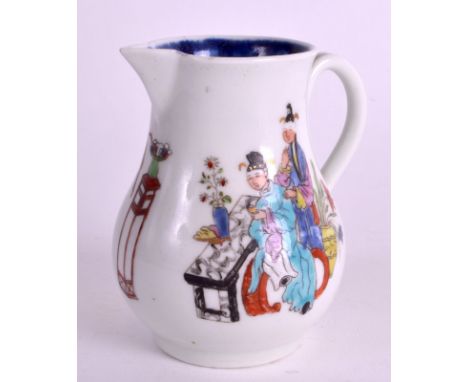 A RARE 18TH CENTURY WORCESTER SPARROWBEAK JUG printed and painted with figures beside a high table. 3.25ins high.