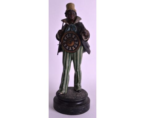 AN UNUSUAL 19TH CENTURY COLD PAINTED SPELTER NOVELTY CLOCK in the form of a minstrel holding a swagger stick. 1ft 1.75ins hig