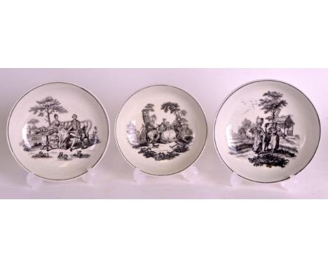 A GROUP OF THREE 18TH CENTURY WORCESTER SAUCERS printed after Robert Hancock, with L'amour, Milkmaids & Tea party. 5.25ins & 