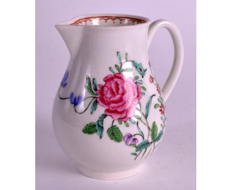 AN 18TH CENTURY WORCESTER SPARROWBEAK JUG painted in the Chinese export style with a rose and other flowers. 3.5ins high.