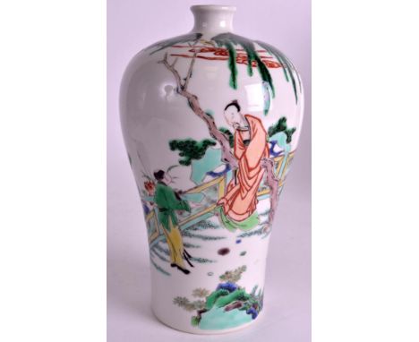AN EARLY 20TH CENTURY CHINESE FAMILLE VERTE MEIPING VASE bearing Kangxi marks to base, painted with a scholar and child withi