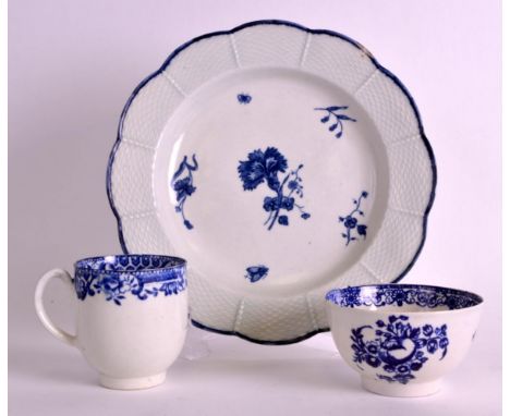 AN 18TH CENTURY CAUGHLEY SCALLOPED PLATE together with a Liverpool coffee cup & teabowl. Plate 8ins diameter. (3)