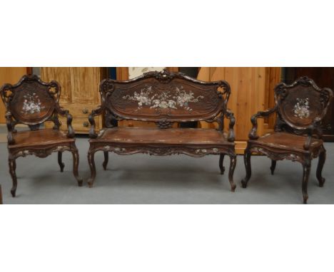 A LOVELY LATE 19TH/20TH CENTURY CHINESE CARVED ROSEWOOD SOFA with matching arm chairs, of organic scrolling form, inset with 