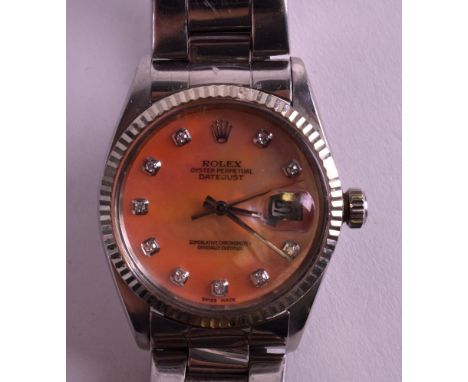 A LADIES ROLEX STEEL CASED CHRONOMETER WRISTWATCH with diamond studded mother of pearl dial, boxed. 1.25ins diameter.
