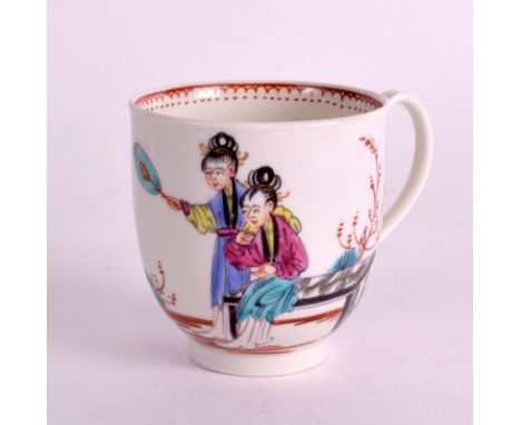 AN 18TH CENTURY WORCESTER COFFEE CUP painted with three Oriental figures holding a fan. 2.5ins high.