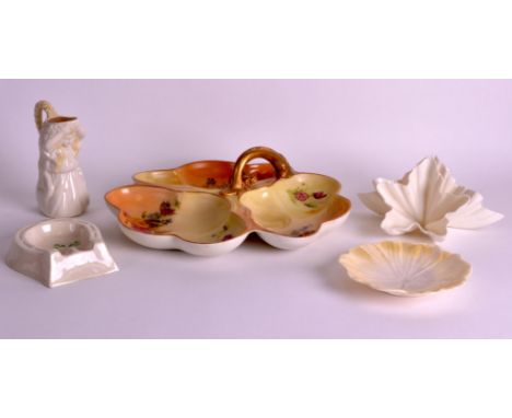 A ROYAL WORCESTER BLUSH IVORY HORDERVES DISH together with four Beleek articles. (5)