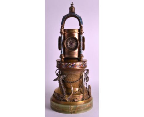 A FINE AND RARE 19TH CENTURY FRENCH CHAMPLEVE ENAMEL INDUSTRIAL CLOCK with revolving top and nautical inspired base, decorate