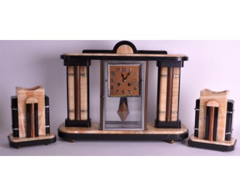 A FRENCH ART DECO CLOCK ONYX AND MARBLE CLOCK GARNITURE with chrome numerals. Mantel 1ft 7ins wide.