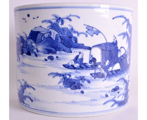 A CHINESE BLUE AND WHITE PORCELAIN BRUSH POT 20th Century, painted in the Kangxi manner with precious objects and landscapes.