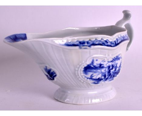 AN 18TH CENTURY WORCESTER BLUE AND WHITE SAUCEBOAT painted with the Little Fisherman pattern. 7.5ins wide.