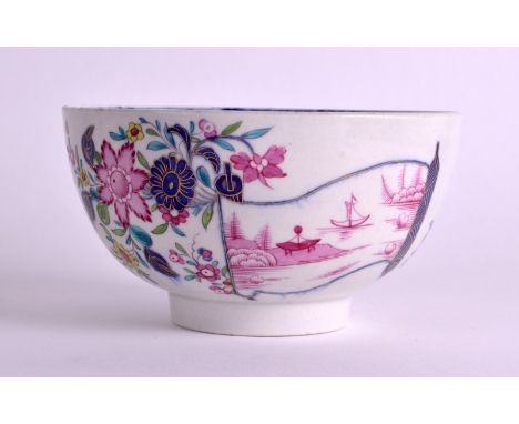 A RARE 18TH CENTURY WORCESTER PORCELAIN BOWL painted with a fan shaped puce painted lakeland landscape. 4.75ins diameter.