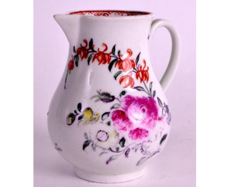 AN 18TH CENTURY WORCESTER SPARROWBEAK JUG painted with a large rose and scattered sprig, the interior with a complicated bord