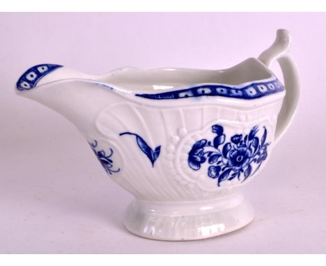 AN 18TH CENTURY WORCESTER SAUCEBOAT painted in blue with flowers over moulded panels. 6.75ins wide. 