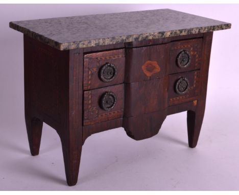 A SMALL 19TH CENTURY CONTINENTAL MINIATURE COMMODE with marble top and two cross banded drawers. 11.5ins x 8.25ins.