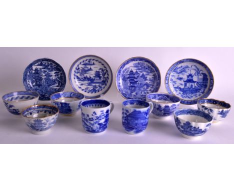 A GROUP OF 18TH CENTURY BLUE AND WHITE WARES mainly Caughley, including teabowls, saucers and cups etc. (12)