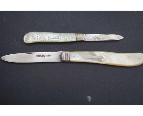 2x Early fruit knifes with mother of pearl handles &amp; silver blades