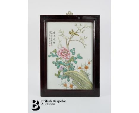 Chinese porcelain tile, painted with tree peony, approx 24 x 35 cms, signed upper left.&nbsp;