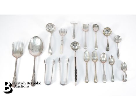 Quantity of silver plate, including a tot ladle, pickle fork, sugar spoons x 2, salad servers, caddy spoon, sugar nips x 2 an