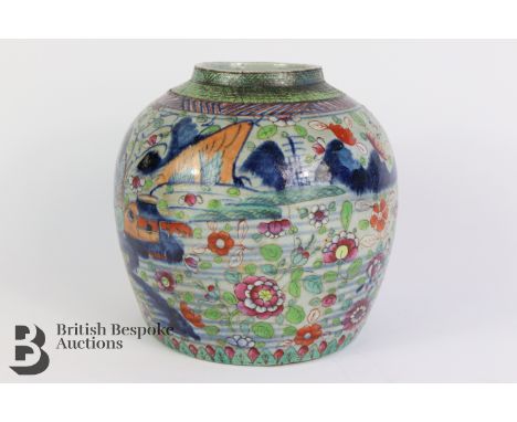 Chinese blue and white and clobbered export porcelain jar, Qing Dynasty, 19th century, approx 18 cms h (*cr)Condition ReportT