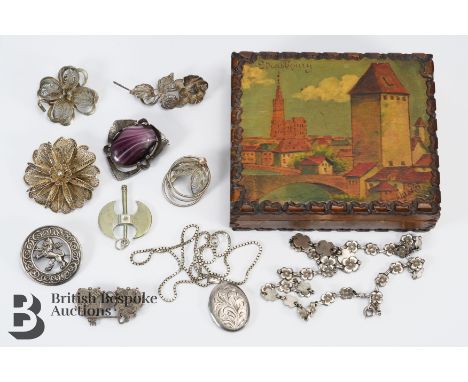 Miscellaneous silver brooches including mizpah and celtic lion, and a continental silver flower necklace approx. 48cms. Total