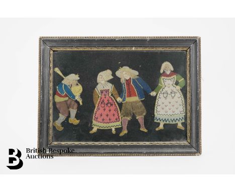 A tapestry of weary travellers resting beneath a tree approx 38 x 47 cms together with a charming embroidery of villagers dan