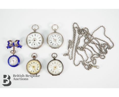 Four Continental silver pocket watches, one has a silver muff chain approx 160 cms in length, approx 44 gms. This lot include