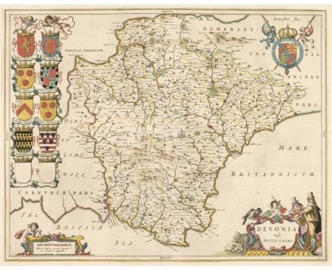 Devon. Blaeu (Johannes), Devonia vulgo Devon-Shire, [1645 or later], engraved map with contemporary outline colouring, decora