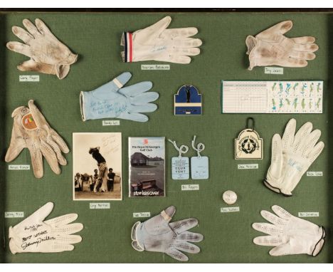 * Golf. A framed display of 9 signed golf gloves from the 1981 British Open, match/practice/competition gloves signed by Gary