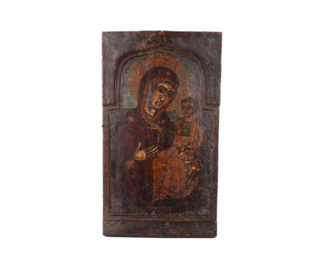 A 17th century or later Russian icon painting on wooden panel 'Madonna and Child'. 18cm x 32.5cm