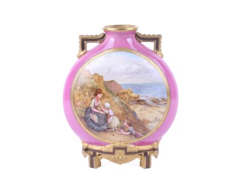 A late 19th century Royal Worcester moon flask. One side painted with a mother and two children on a beach, the other with fe