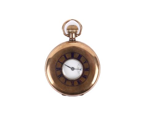 Hallmarked 9ct .375 gold half hunter pocket watch. Birmingham, 1915, white enamel dial Roman numerals, Swiss made 15 jewels m