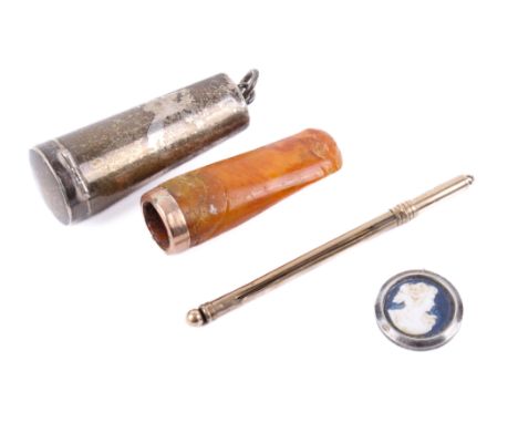 A gold swizzle stick, silver cigar holder and pendant. The stick marked '9 ct ENGLAND', L8.3cm, weight 5.5g; the silver cigar
