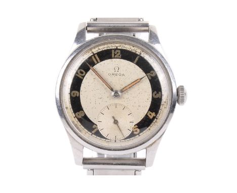 A circa 1940s Omega 'Officer' style stainless steel wristwatch. Black chapter ring luminous Arabic numerals subsidiary second