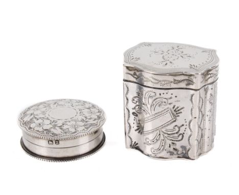 A silver trinket box and a pill box. The first in the form of a tea caddy with hinged lid, engraved with vertical patterned b