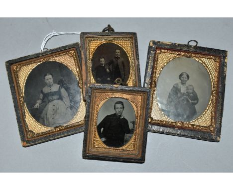 FOUR VICTORIAN AMBROTYPE PORTRAITS, comprising mother and child, two boys, and single sitters of a lady and a young man, all 