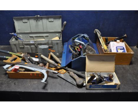 AN AMMO CRATE, TOOLBOX AND TWO WOODEN TRAYS containing various tools and misc. to include a Record No 4 Plane (5)