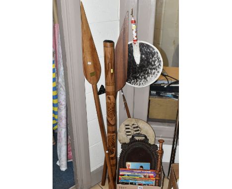 A COLLECTION OF SOUVENIR TRIBAL SPEARS AND SHIELDS, comprising two carved wood Nigerian ornamental spears, two animal skin sh