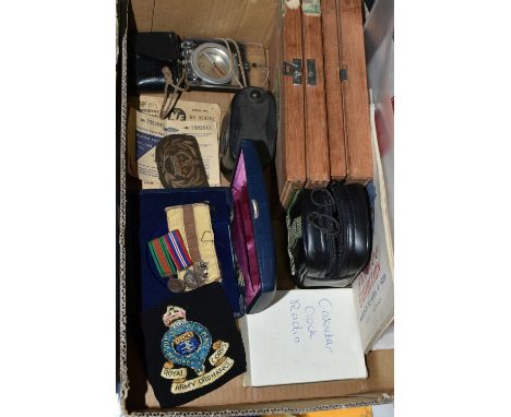 A BOX OF COLLECTABLES INCLUDING ITEMS OF MILITARY / WW2 INTEREST, including a pair of George VI WW2 miniature medals, a cased