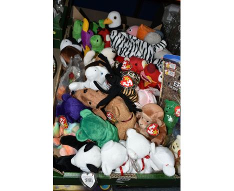 ONE BOX OF TY BEANIE BABY ANIMALS, approximately thirty five soft toys, all with swing tags, to include Bongo, Mystic, Snort,