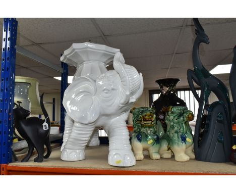 A COLLECTION OF LARGE ANIMAL FIGURES, comprising a white ceramic planter and stand in the form of an elephant (one broken, on