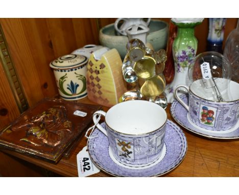 A GROUP OF CERAMICS, METAL AND GLASS WARES, to include a glass Mickey Mouse paperweight, two Wedgwood Millenium cups and sauc