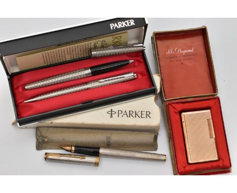 A BOXED S.T. DUPONT GOLD PLATED CIGARETTE LIGHTER, CASED PARKER 45 CIRCLET FOUNTAIN PEN AND BALLPEN AND ANOTHER TEXTURED PARK