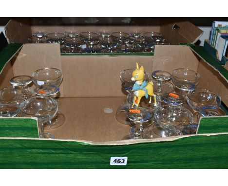 TWO BOXES OF VINTAGE BABYCHAM GLASSES, to include a plastic Babycham deer (missing horns and reglued bow), approximately sixt