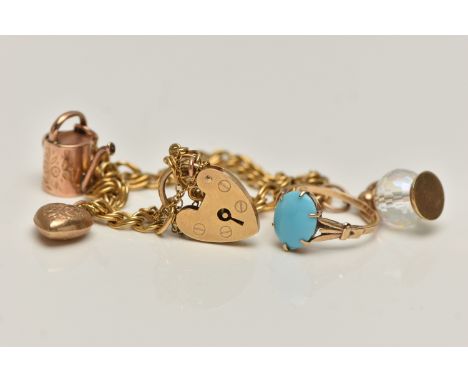 A 9CT GOLD CHARM BRACELET AND A TURQUIOSE RING, double link bracelet, fitted with three charms to include a puffy heart, wate