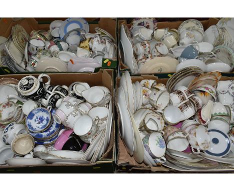 FOUR BOXES OF TEAWARES, to include twelve pieces of Paragon Rockingham pattern teawares including a cake plate, a Paragon Can